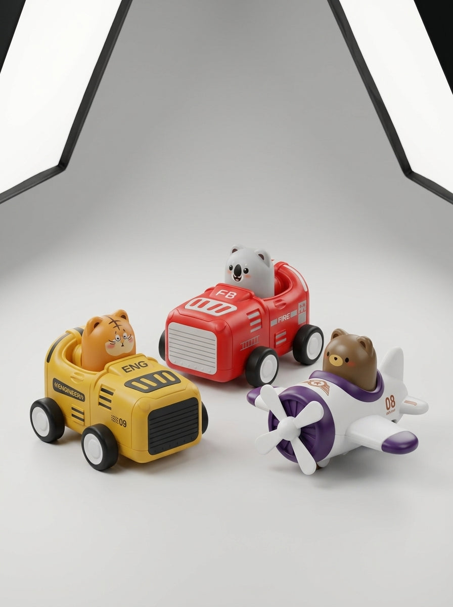 Set 3 Vehículos Inerciales Avión Y Auto A Presión Niño