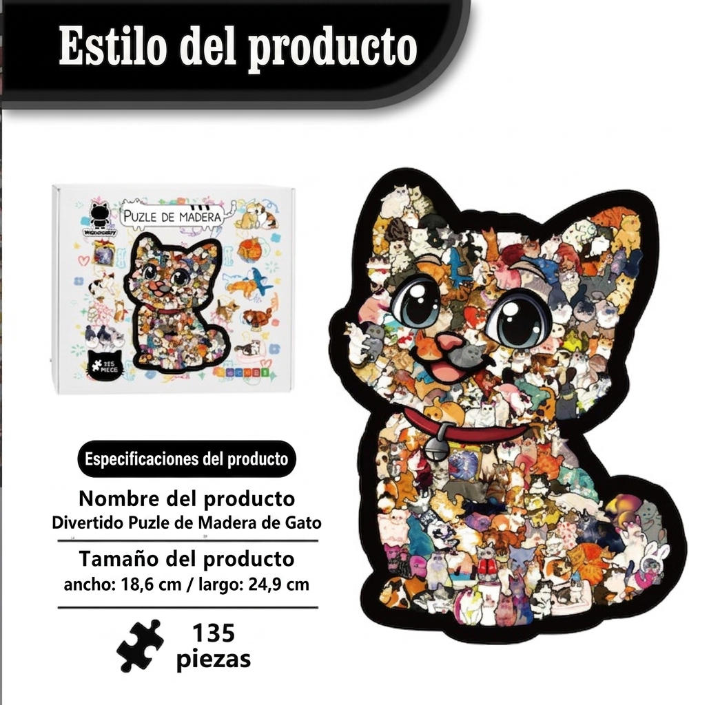 Rompecabezas De Madera Gato 3d Silueta Diseño Calado