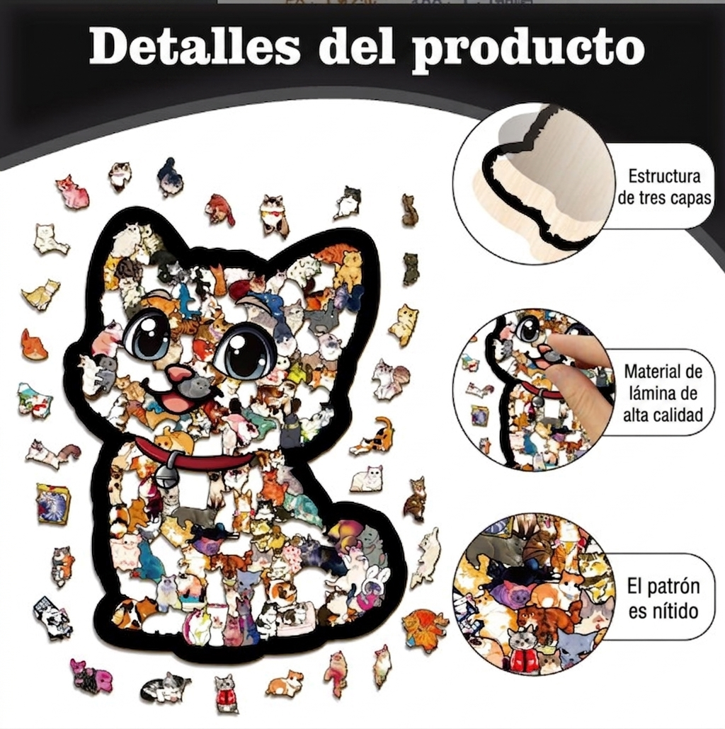 Rompecabezas De Madera Gato 3d Silueta Diseño Calado