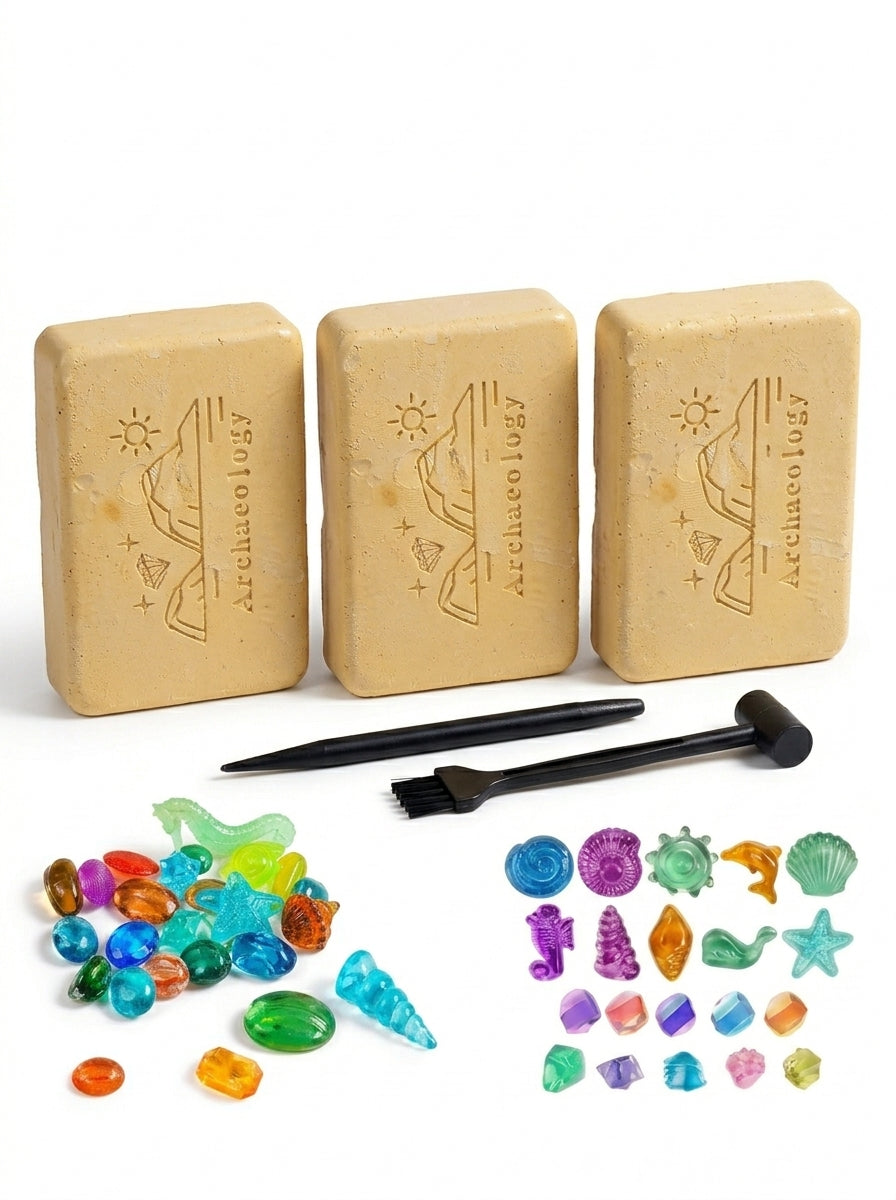 Kit 3 Bloques Excavacion Tesoros Gemas Y Fosil Marino