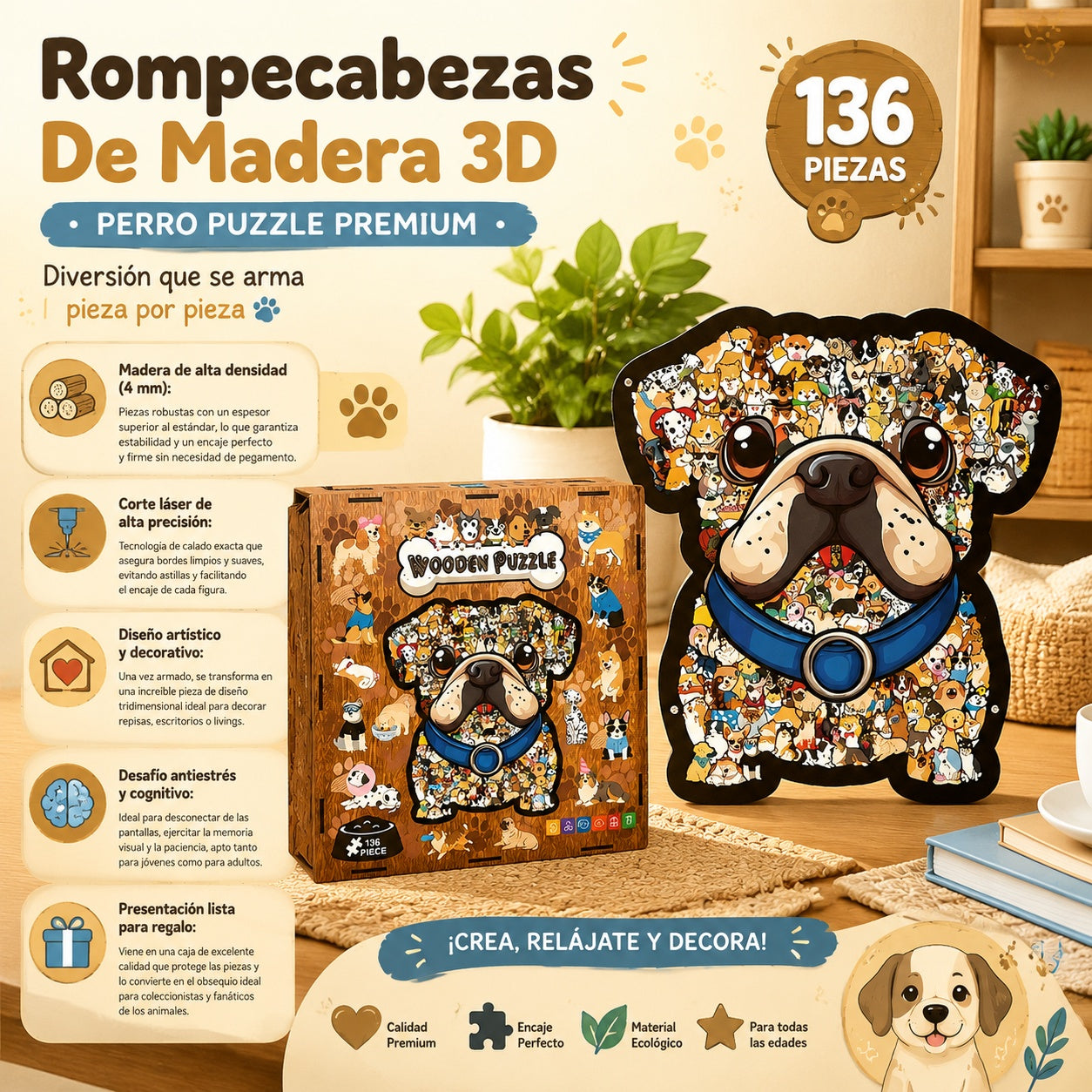 Rompecabezas De Madera 3d Perro Puzzle Premium 136 Piezas