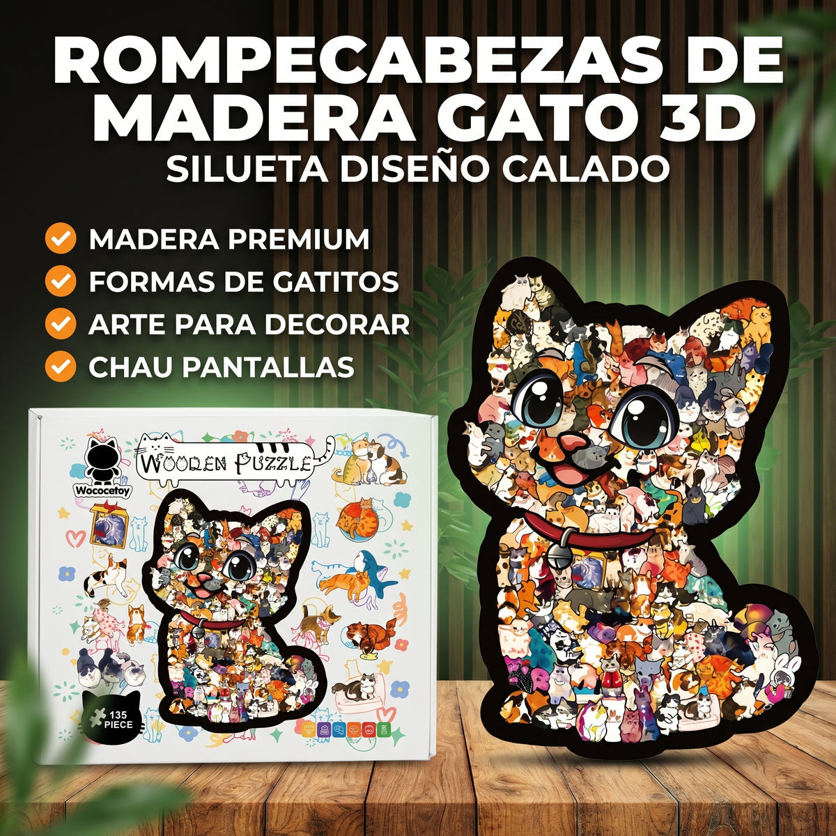 Rompecabezas De Madera Gato 3d Silueta Diseño Calado